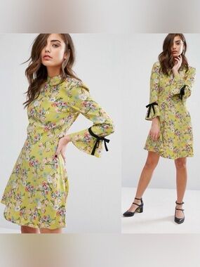 MISS SELFRIDGE | ASOS NWT Yellow Floral Long Sleeve Tea Dress Size 8